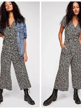 Free People Short-Sleeve Wide-Leg Jumpsuit in Black/Cream